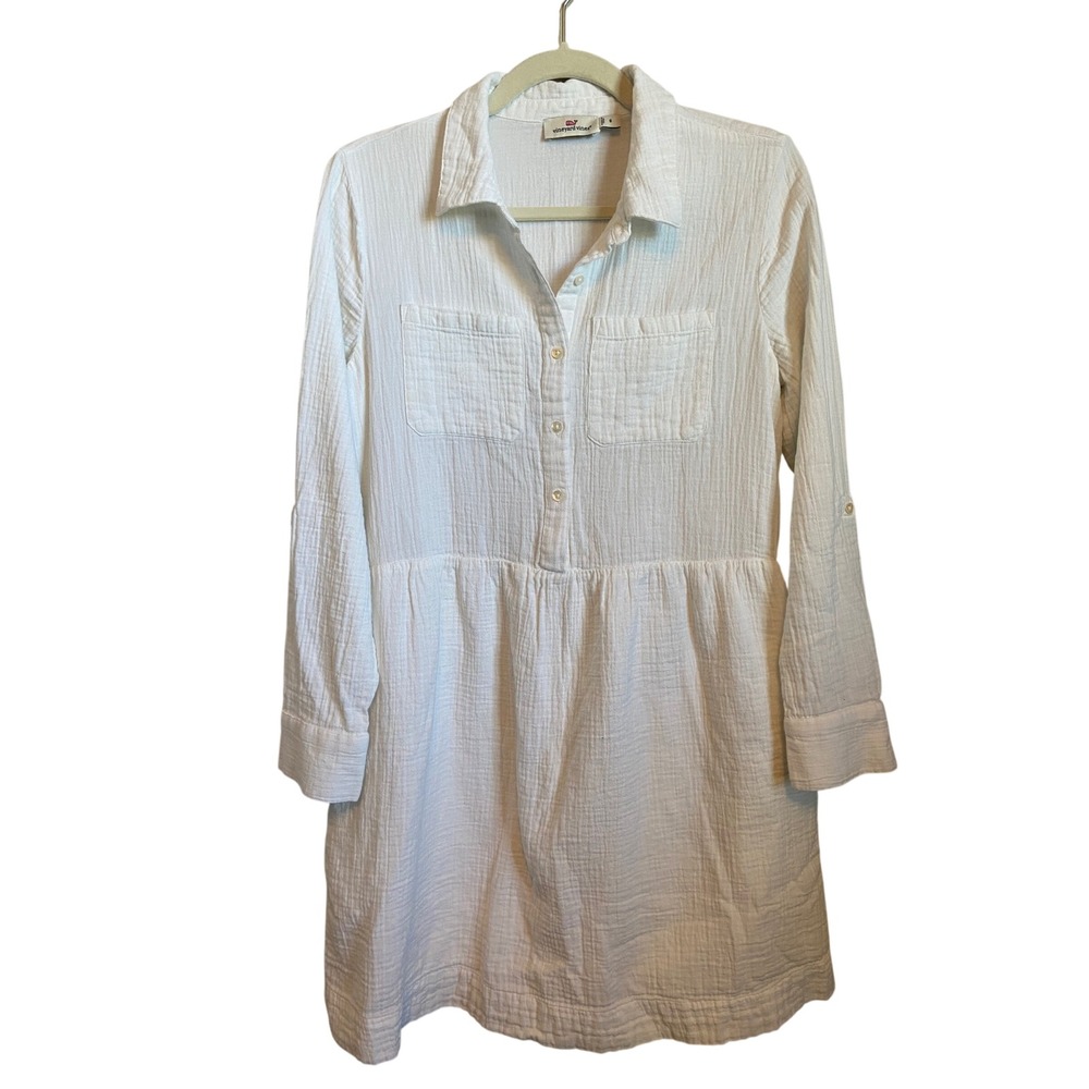 Vineyard Vines White‎ Cotton Gauze Shirt Dress Long Sleeve Roll Tab Size 6